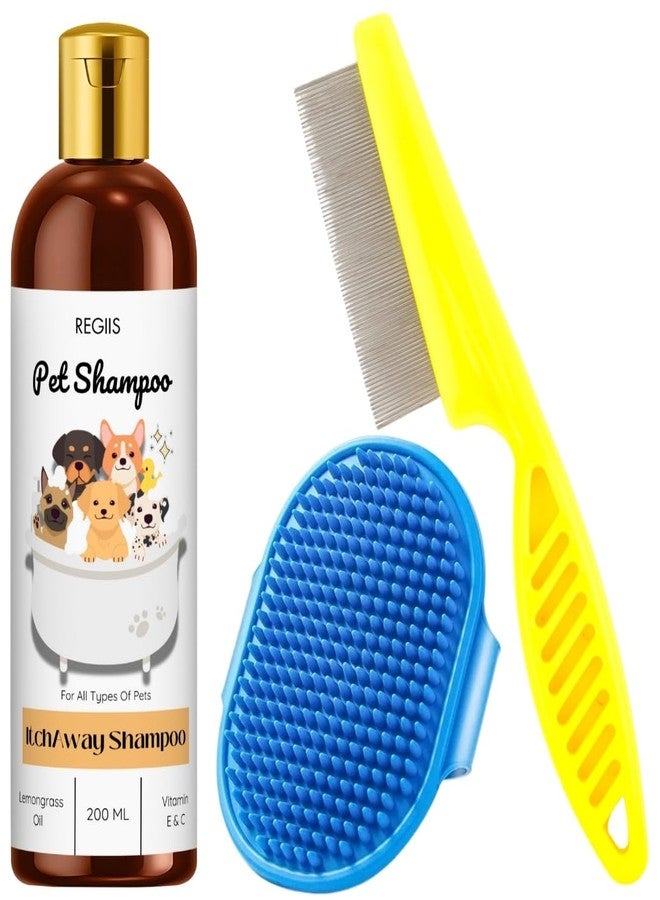 مجموعة شامبو ريجيس للحيوانات الأليفة بزيت عشبة الليمون وفيتامين E وC، 200 مل، تتضمن فرشاة تنظيف ومشط معدني للكلاب والقطط وجميع الحيوانات الأليفة (عبوة من 3 قطع) - Image 1